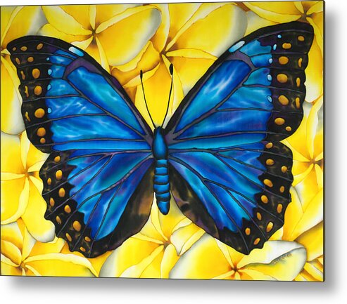 Frangipani Flower Metal Print featuring the painting Blue morpho Butterfly #2 by Daniel Jean-Baptiste