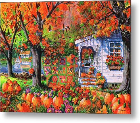 Autumn Landscape With Autumn Patchwork Quilt Metal Print featuring the painting Autumn Patchwork Quilt by Diane Phalen
