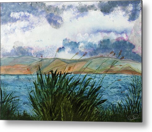 Watercolor Metal Print featuring the painting Brewing Storm over lake Watercolor painting by Dee Browning