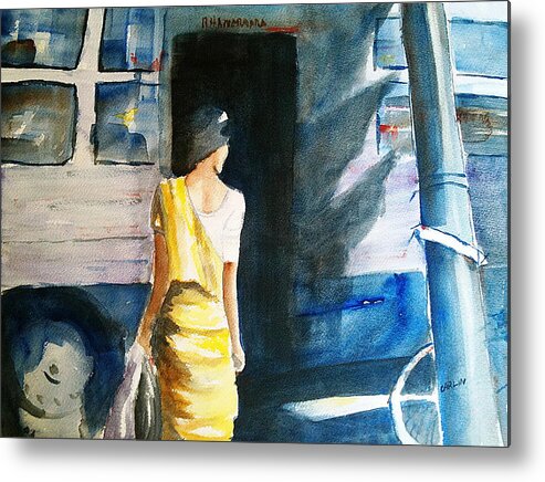 Woman Metal Print featuring the painting Bus Stop - Woman Boarding the Bus by Carlin Blahnik CarlinArtWatercolor