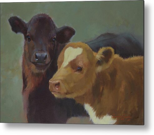 Farm Animals Metal Print featuring the painting Calf Pals by Carolyne Hawley