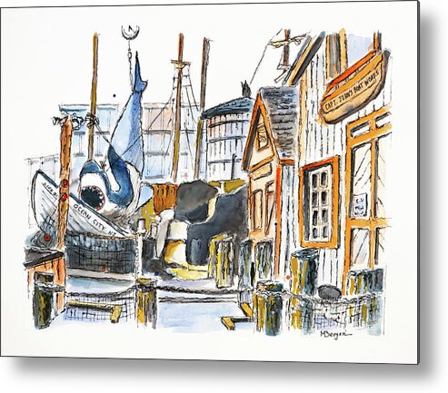 Shark Metal Print featuring the drawing Capt John's Boat Works NJ by Mike Bergen