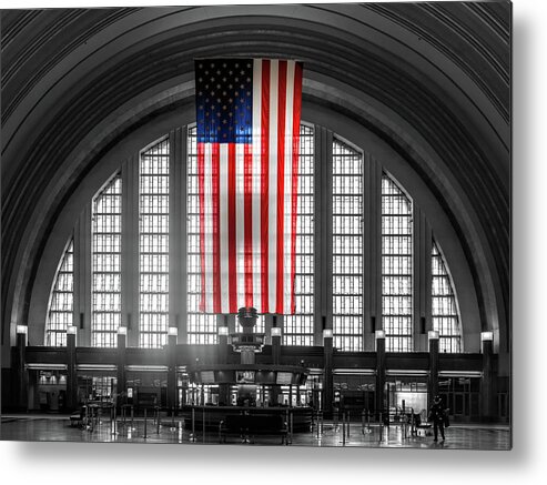 Interior Union Terminal Station Cincinnati Metal Print featuring the photograph Cincinnati Union Terminal Interior American Flag by Sharon Popek