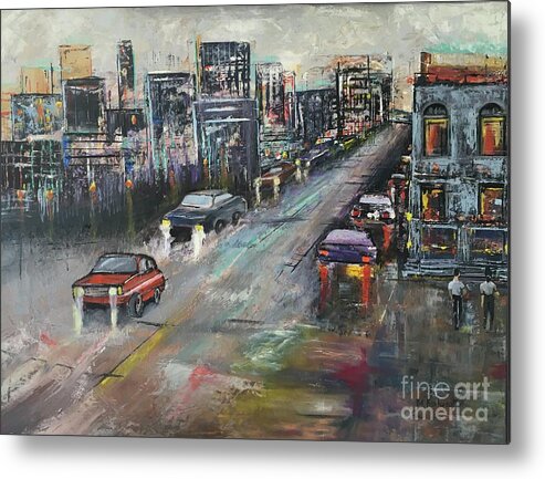 Painting Metal Print featuring the painting City traffic by Maria Karlosak