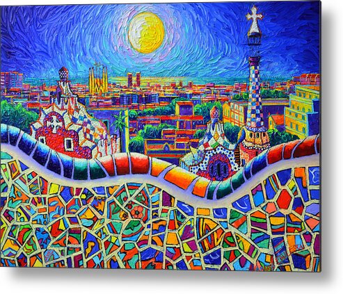 Barcelona Metal Print featuring the painting COLORFUL BARCELONA PARK GUELL MAGIC NIGHT BY MOON palette knife oil painting by Ana Maria Edulescu by Ana Maria Edulescu