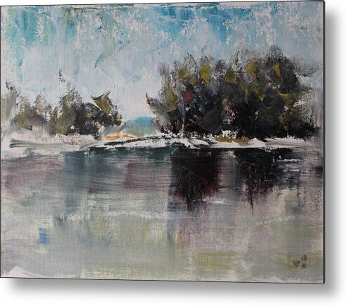 Palette Knife Metal Print featuring the painting Cool Morning by the Lake by Vera Smith