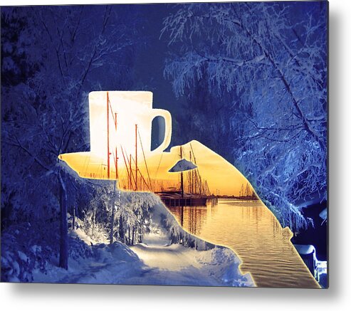 Winter Metal Print featuring the digital art Cup of tea in the winter evening by Alex Mir