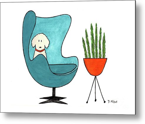 Arne Jacobsen Egg Chair Metal Print featuring the painting Cute Dog in Teal Arne Jacobsen Chair by Donna Mibus