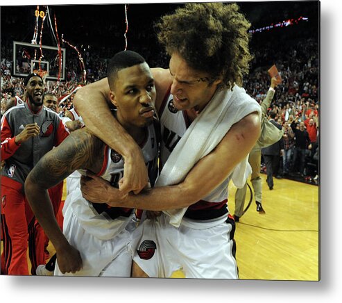 Playoffs Metal Print featuring the photograph Damian Lillard and Robin Lopez by Steve Dykes