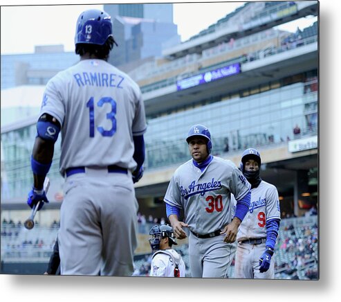 Second Inning Metal Print featuring the photograph Dee Gordon, Hanley Ramirez, and Miguel Olivo by Hannah Foslien