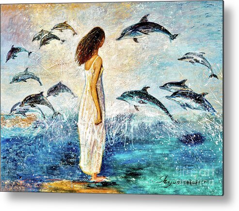 Dolphin Metal Print featuring the painting Dolphin Bay by Shijun Munns