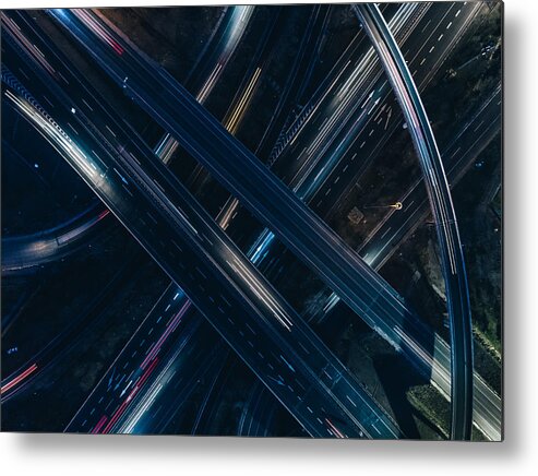 Blurred Motion Metal Print featuring the photograph Drone View of Road Intersection at Rush Hour by AerialPerspective Works