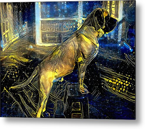 English Mastiff Metal Print featuring the digital art English Mastiff climbing a ladder - starry blue with yellow colorful painting by Nicko Prints