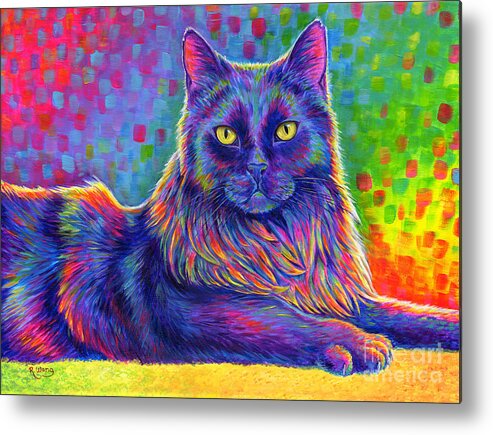 Cat Metal Print featuring the painting Psychedelic Rainbow Black Cat - Felix by Rebecca Wang