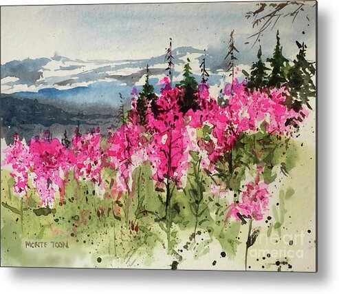 A Fireweed Covered Hill In Alaska. Metal Print featuring the painting Fireweed by Monte Toon