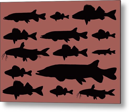 Freshwater Fish Metal Print featuring the digital art Freshwater fishes black on mauve by Rebecca Eberts
