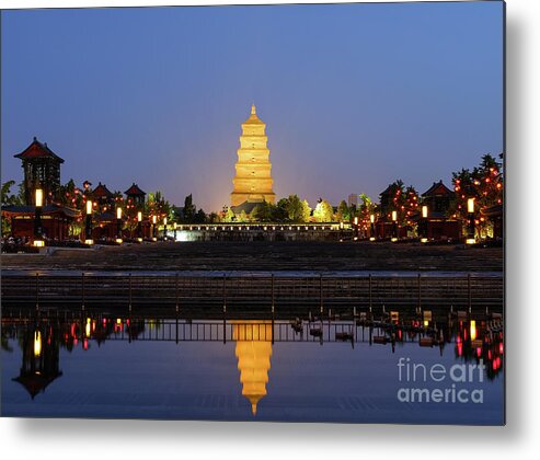 Goose Pagoda Metal Print featuring the photograph Giant Goose Pagoda at Night. by Iryna Liveoak