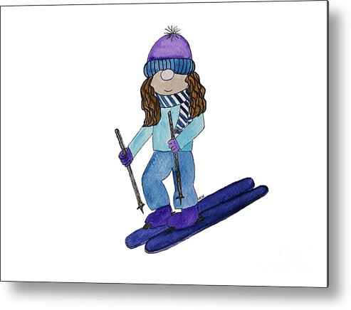 Gnome Girl Metal Print featuring the mixed media Gnome Girl Skier by Lisa Neuman