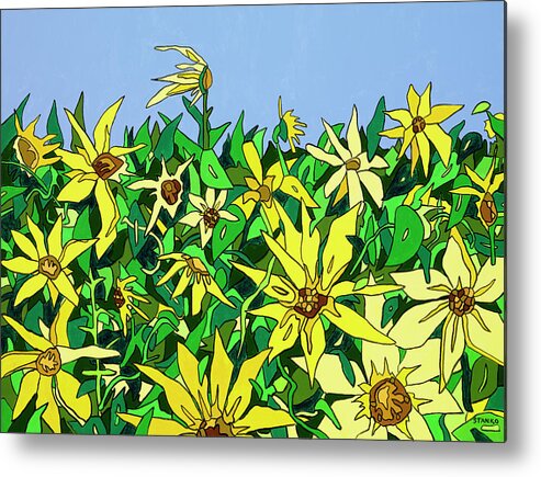 Sunflowers Long Island Summer Flowers Sun Metal Print featuring the painting In Northfork Gardens by Mike Stanko