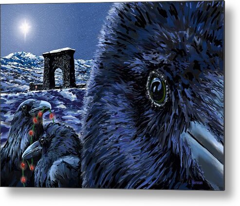 Raven Christmas Cards Metal Print featuring the digital art In the Eye of the Raven, For the Benefit and Enjoyment of the People by Les Herman