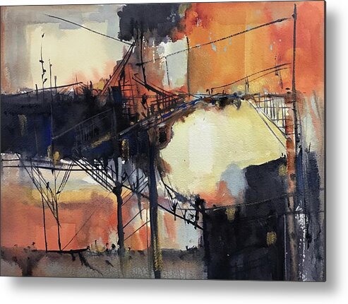 Watercolor Metal Print featuring the painting Industrial Sunset by Judith Levins