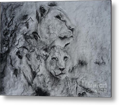 Africa Metal Print featuring the drawing Lioness And Her Cub by Radha Rao