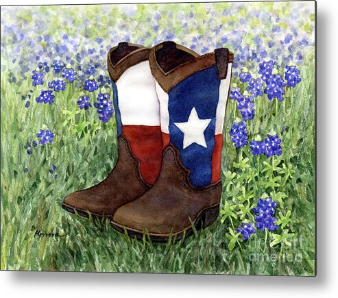 Boots Metal Print featuring the painting Lone Star Boots in Bluebonnets by Hailey E Herrera