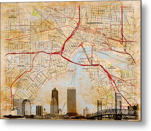 Map Metal Print featuring the digital art Map of Downtown Jacksonville, Florida, and skyline blended on old paper by Nicko Prints
