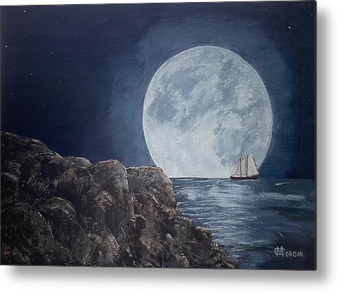 Rocky Shoreline Metal Print featuring the painting Moonlit Passage by Cynthia Morgan
