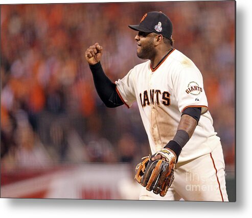 Game Two Metal Print featuring the photograph Pablo Sandoval and Gerald Laird by Christian Petersen