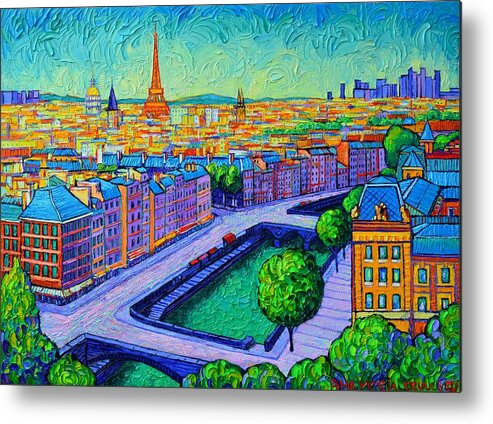Paris Metal Print featuring the painting PARIS DAWN VIEW FROM NOTRE DAME TOWERS commissioned painting abstract cityscape Ana Maria Edulescu by Ana Maria Edulescu
