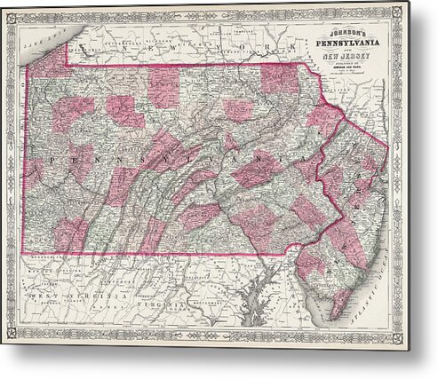 Pennsylvania Metal Print featuring the photograph Pennsylvania and New Jersey Vintage Map 1864 by Carol Japp