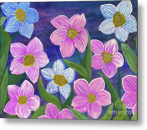 Pink Metal Print featuring the mixed media Pink and Blue Flowers by Lisa Neuman