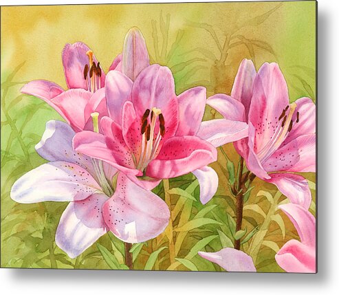 Pink Metal Print featuring the painting Pink Lilies by Espero Art
