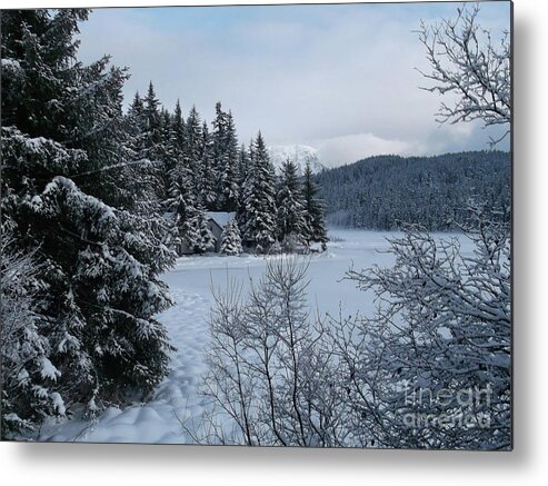 #alaska #juneau #ak #cruise #tours #vacation #peaceful #aukelake #snow #winter #cold #postcard #morning #dawn Metal Print featuring the photograph Postcard-esque by Charles Vice