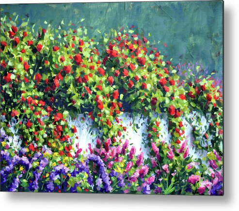 Garden Scene Metal Print featuring the painting Red Rose's over the Fence by Rick Hansen