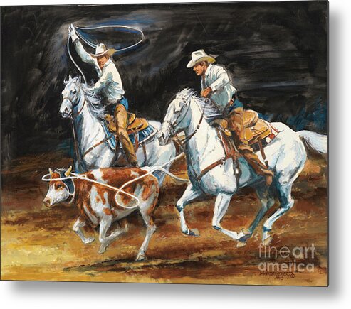 Rodeo Metal Print featuring the painting Rodeo - 2 Cowboys Roping Cow by Don Langeneckert