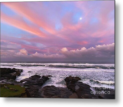 Oregon Coast Metal Print featuring the photograph Sunrise, Moonset by Jeanette French