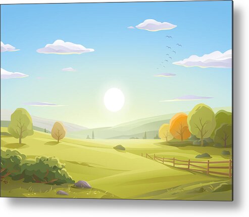 Scenics Metal Print featuring the drawing Sunrise Over Autumn Landscape by Kbeis
