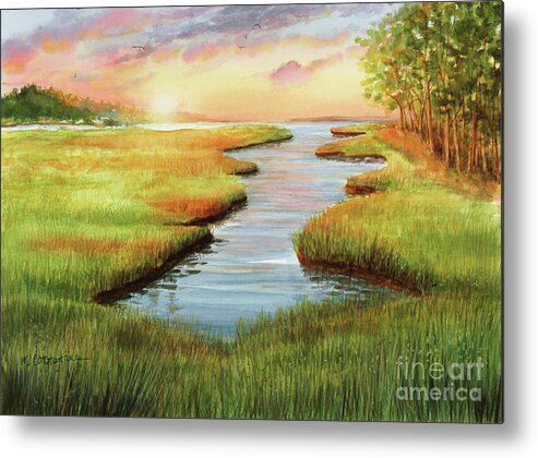 Sunset At Mill Creek Watercolor Metal Print featuring the painting Sunset at Mill Creek Watercolor by Michelle Constantine