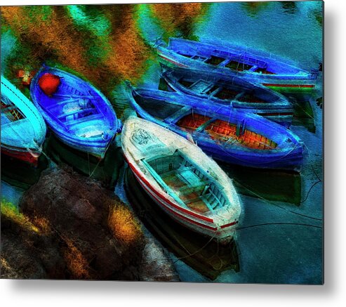 Rowboat Metal Print featuring the photograph Five boats at sunset by Al Fio Bonina
