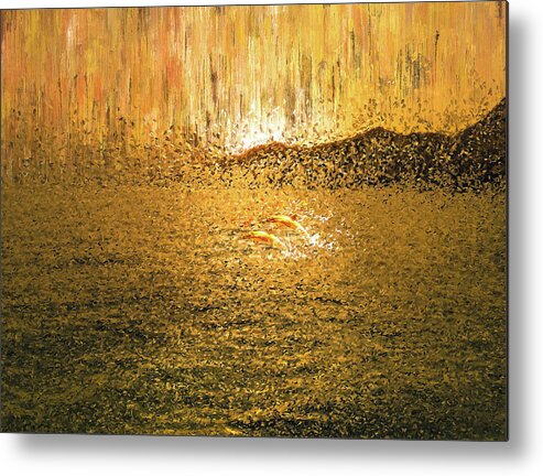 Dolphins Metal Print featuring the painting Sunset Dolphins by Alex Mir