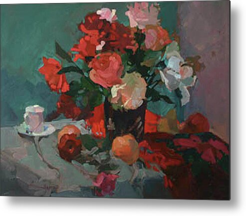 Still Life Painting Metal Print featuring the painting Tea and Peonies by Elizabeth - Betty Jean Billups