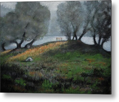 Foggy Day Metal Print featuring the pastel The Bench by Sandra Lee Scott