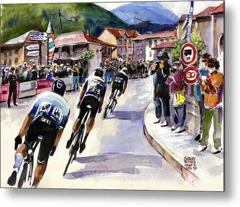 Le Tour De France Metal Print featuring the painting Through the Town Stage 16 TDF2021 by Shirley Peters