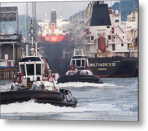 Panama Canal Metal Print featuring the photograph Transiting the Panama Canal behind the Miltiades II by L Bosco