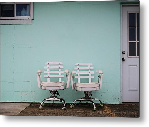 Fishing Metal Print featuring the photograph Two White Chairs by Steve Stanger