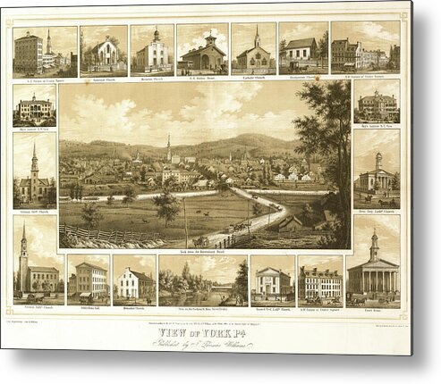 Map Metal Print featuring the drawing View of York Pennsylvania by Vintage Places