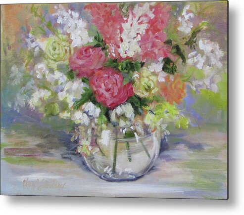 Floral Print Metal Print featuring the painting Water Vase With Pink Roses and White Flowers by Cheri Wollenberg