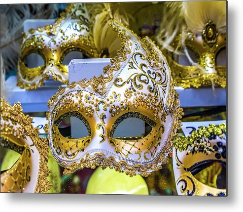 White Venetian Masks Feathers Venice Italy Metal Print by William